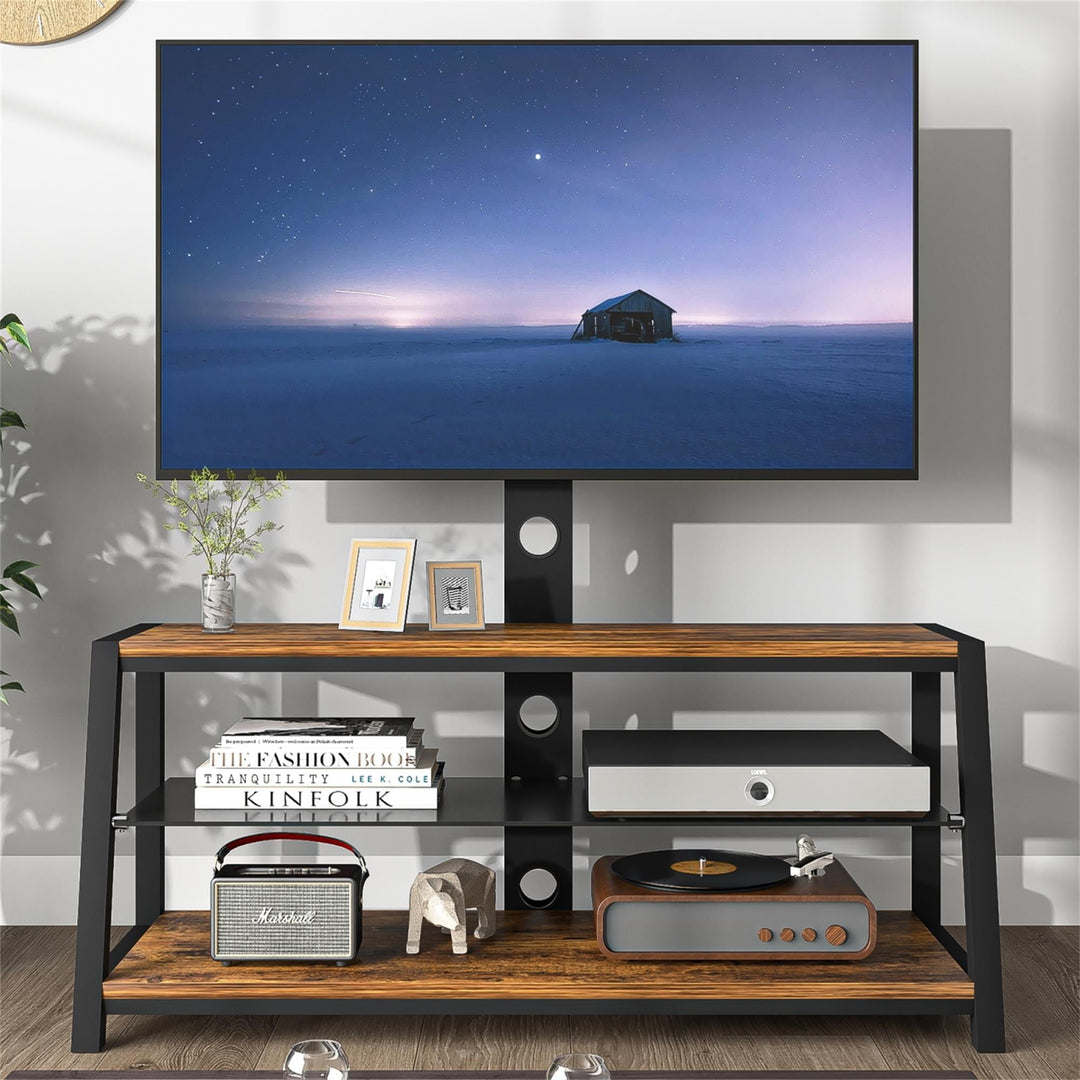 Hommoo 3-Tier TV Stand for 65 Inch TVs, Flat Panel Entertainment Stand with Mount, Brown Image 1