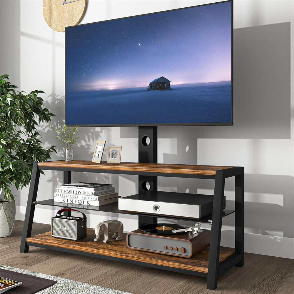 Hommoo 3-Tier TV Stand for 65 Inch TVs, Flat Panel Entertainment Stand with Mount, Brown Image 2