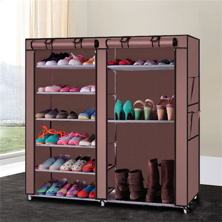 Hommoo Double Rows Shoe Rack Organizer with Dustproof Cover Closet, Coffee Image 1