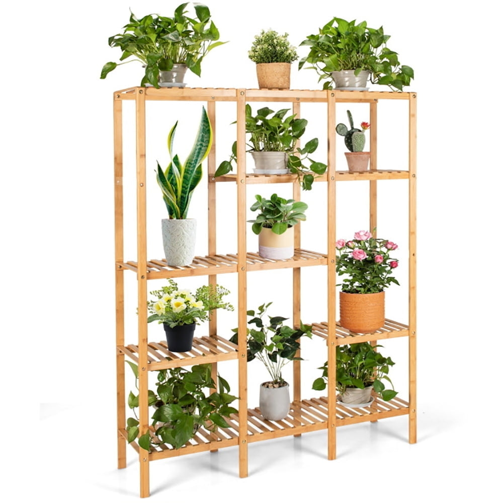 Hommoo Raised Planter Stand, Large Space Flower Rack Shelf, Multifunctional Bamboo Shelf Storage Organizer Rack Image 2