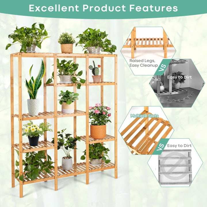 Hommoo Raised Planter Stand, Large Space Flower Rack Shelf, Multifunctional Bamboo Shelf Storage Organizer Rack Image 5