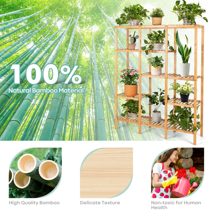 Hommoo Raised Planter Stand, Large Space Flower Rack Shelf, Multifunctional Bamboo Shelf Storage Organizer Rack Image 6