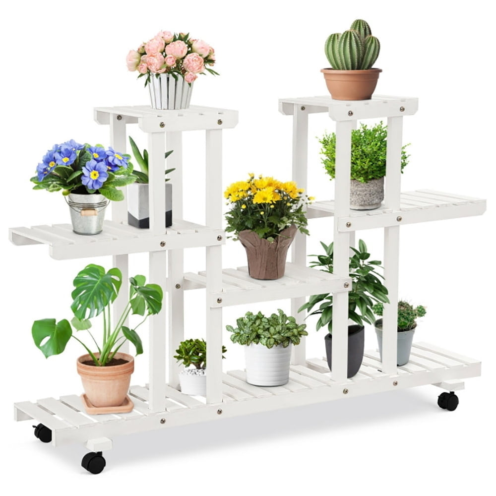 Hommoo Raised Planter Stand, Large Space Flower Rack Shelf, 4-Tier Wood Casters Rolling Shelf Plant Stand Image 5