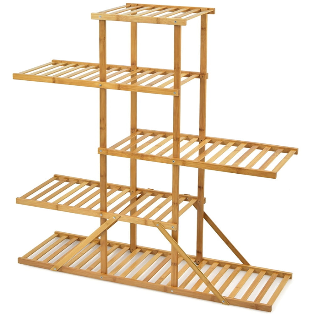 Hommoo Raised Planter Stand, Large Space Flower Rack Shelf,5-tier 10 Potted Bamboo Plant Stand-Natural Image 1