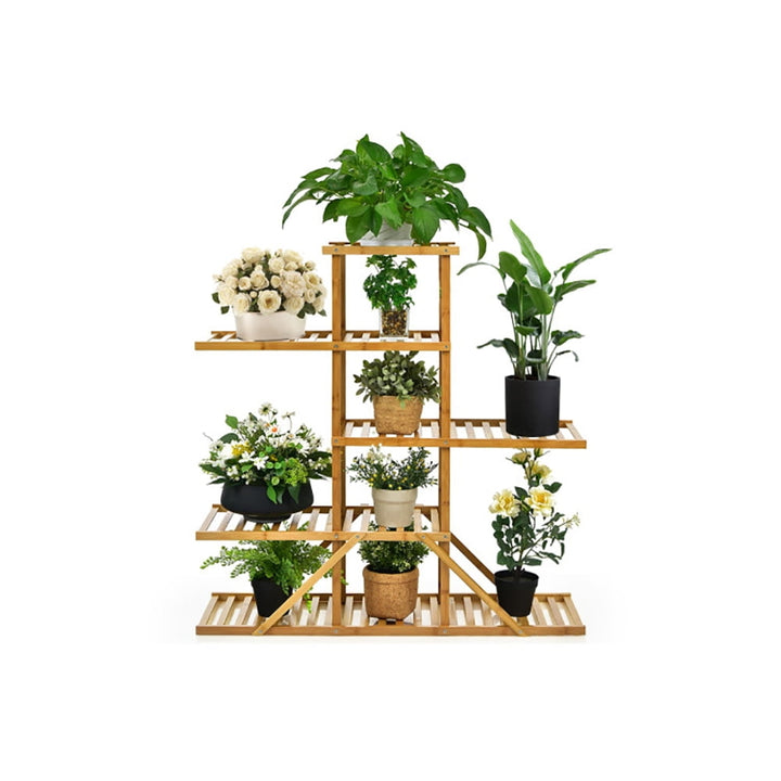 Hommoo Raised Planter Stand, Large Space Flower Rack Shelf,5-tier 10 Potted Bamboo Plant Stand-Natural Image 3