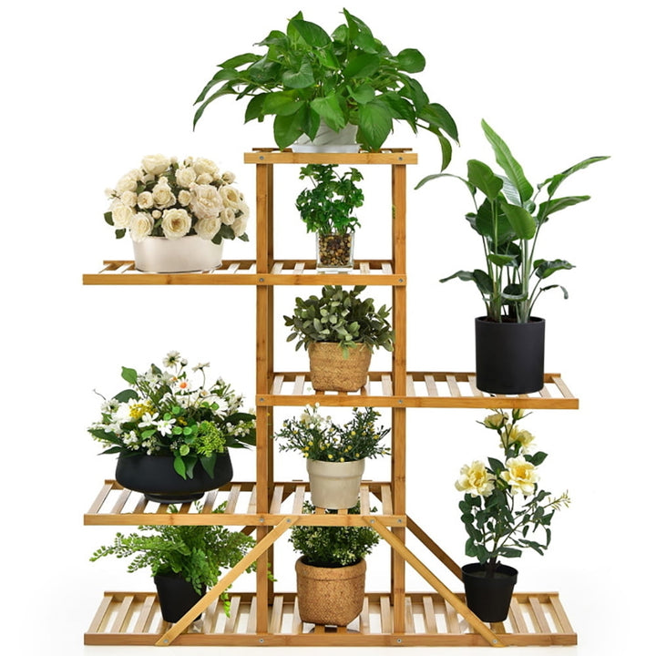 Hommoo Raised Planter Stand, Large Space Flower Rack Shelf,5-tier 10 Potted Bamboo Plant Stand-Natural Image 6