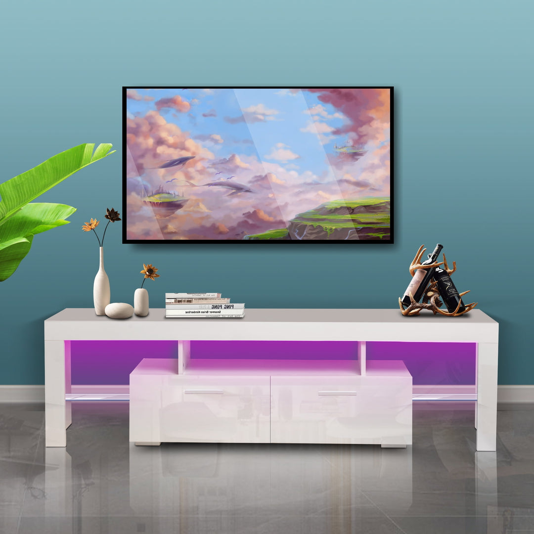 Hommoo Modern LED TV Stand with Open Storage and 2 Cabinet, White Image 1