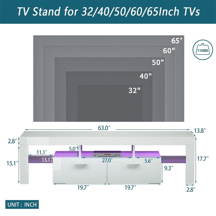 Hommoo Modern LED TV Stand with Open Storage and 2 Cabinet, White Image 2