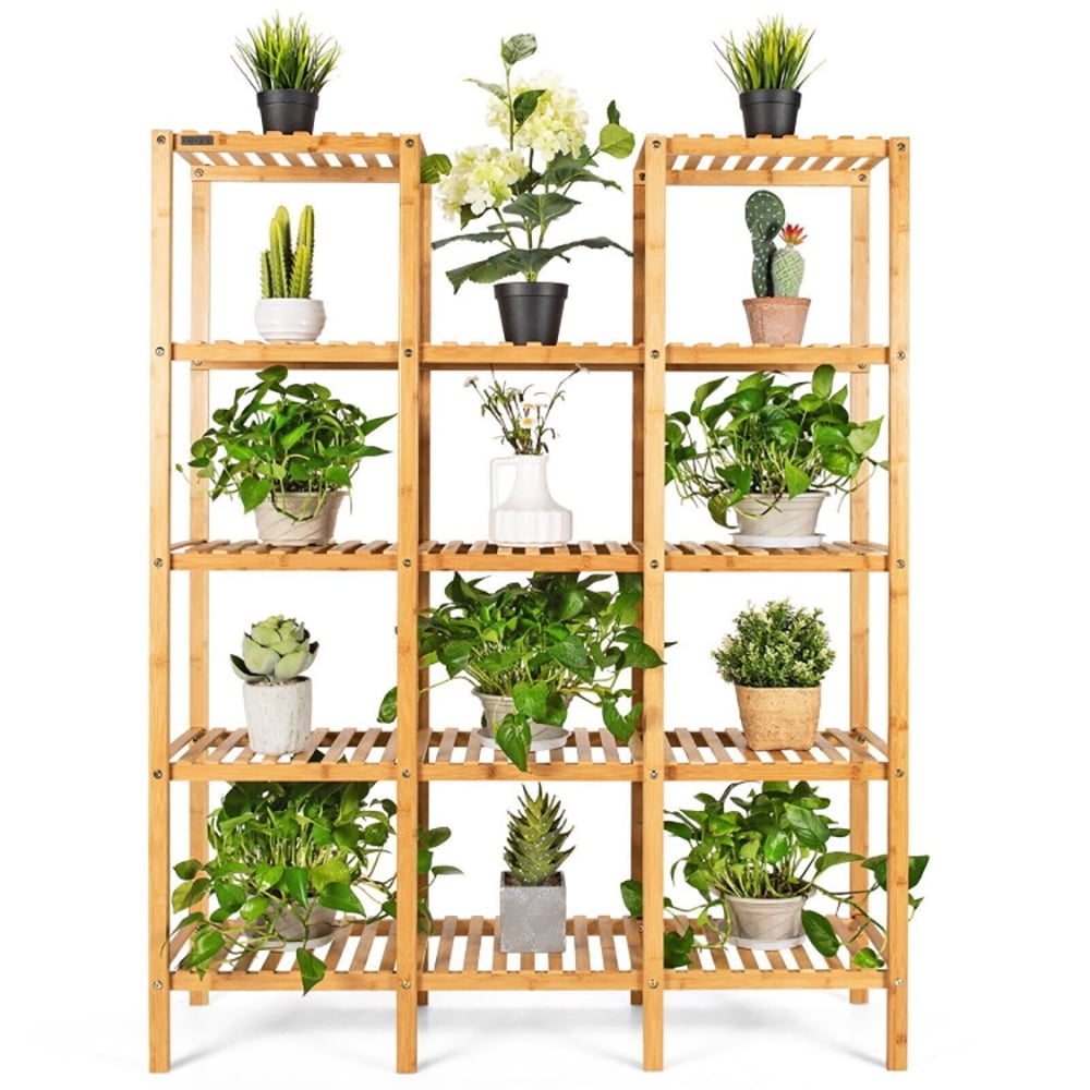 Hommoo Raised Planter Stand, Large Space Flower Rack Shelf, Multifunctional Bamboo Shelf Flower Plant Display Stand Image 3