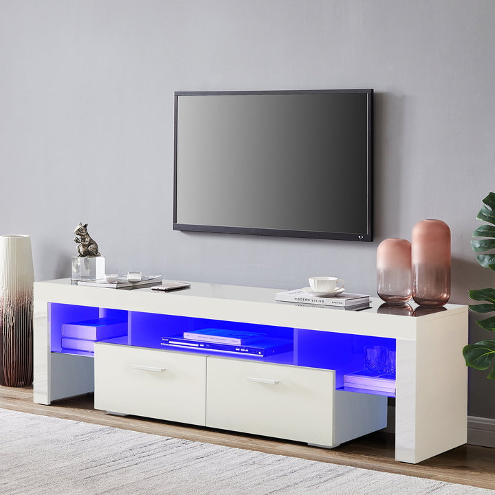 Hommoo Modern LED TV Stand with Open Storage and 2 Cabinet, White Image 6