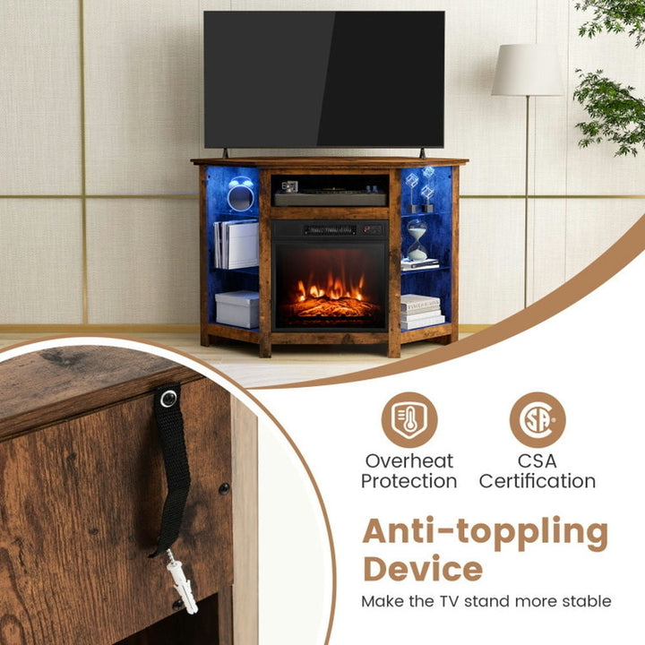 Hommoo Fireplace Corner TV Stand with LED Lights and Smart APP Control for 50 Inches TV-Rustic Brown Image 2