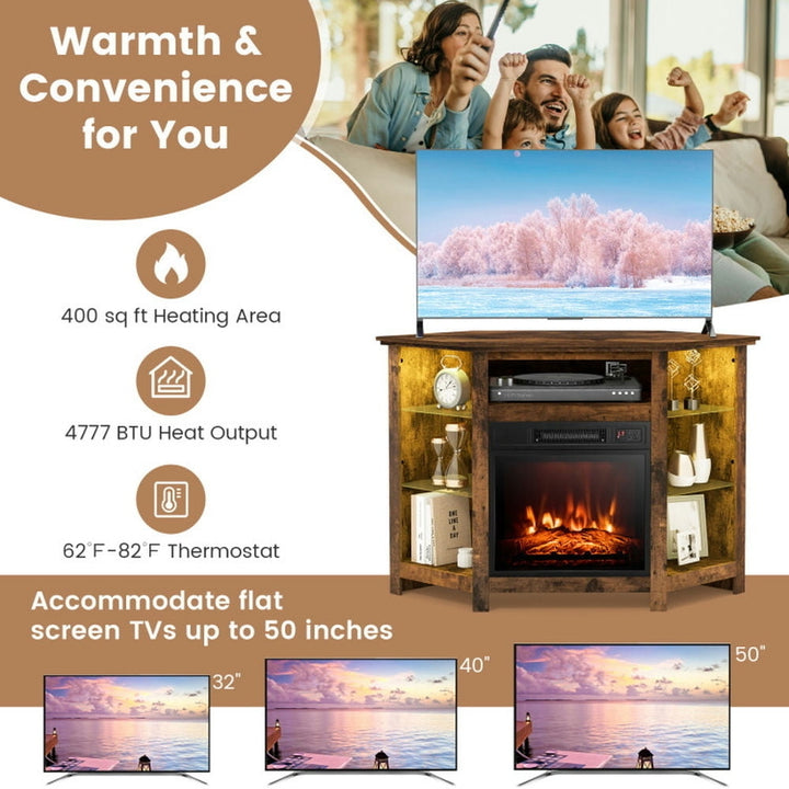 Hommoo Fireplace Corner TV Stand with LED Lights and Smart APP Control for 50 Inches TV-Rustic Brown Image 3