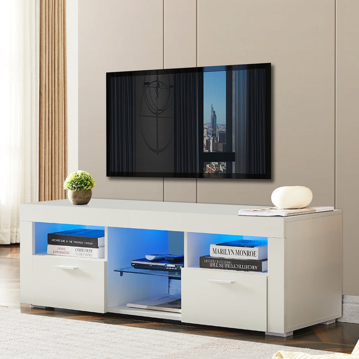 Hommoo High Glossy LED TV Entertainment Center, Modern TV Stand with Storage Shelves and Drawers, White Image 1