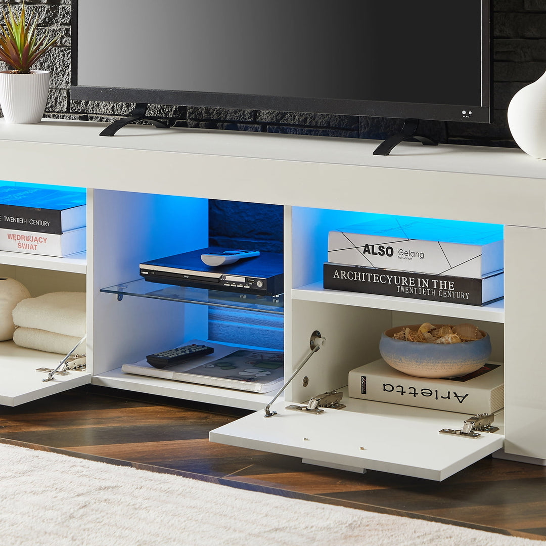 Hommoo High Glossy LED TV Entertainment Center, Modern TV Stand with Storage Shelves and Drawers, White Image 7