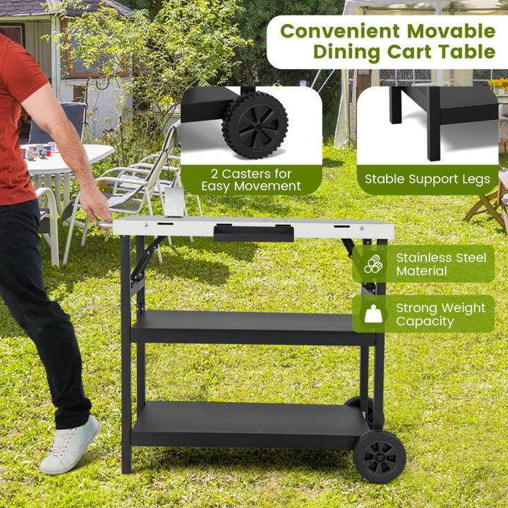 Hommoo Outdoor Patio Barbecue Cooker, Outdoor Grills,3 Tiers Foldable Outdoor Cart on 2 Wheels with Phone Holder-Black Image 4