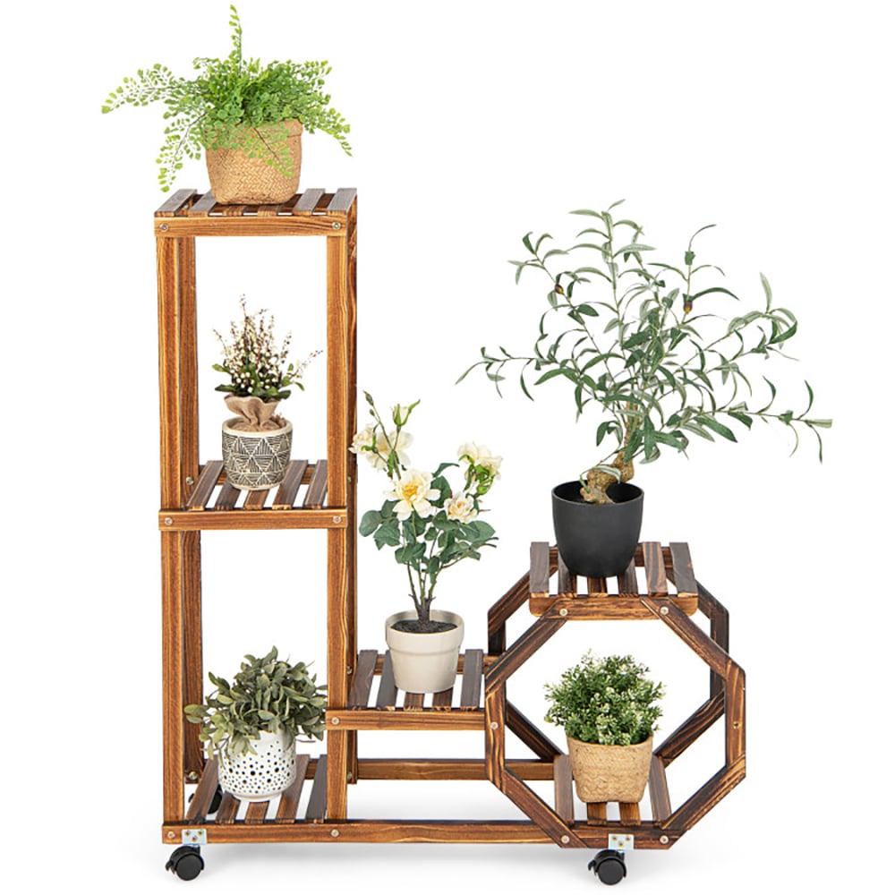 Hommoo Raised Planter Stand, Large Space Flower Rack Shelf,6-Tier Wooden Plant Stand with Wheels-Brown Image 2