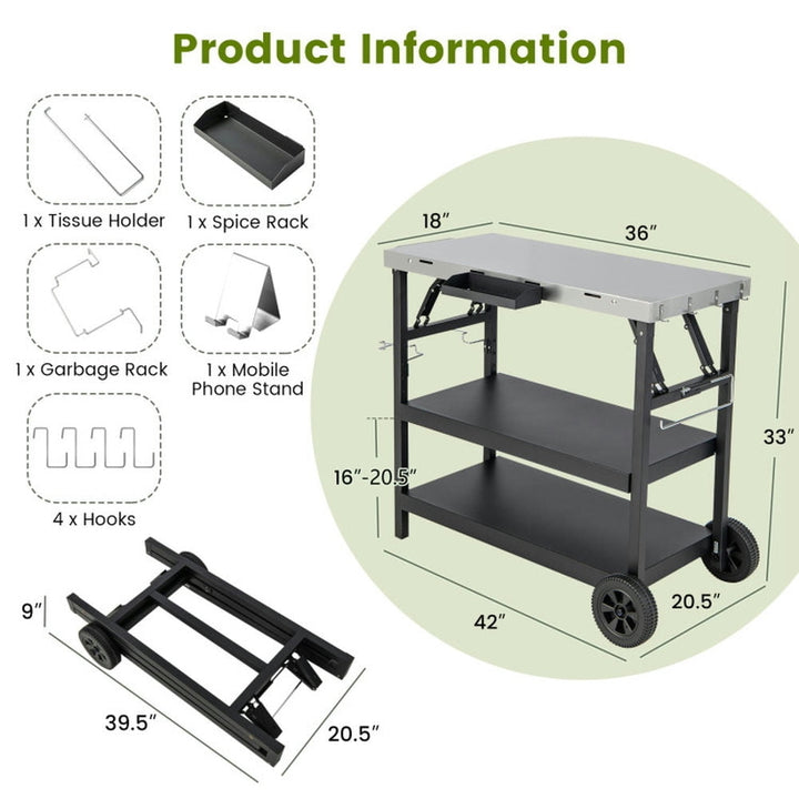 Hommoo Outdoor Patio Barbecue Cooker, Outdoor Grills,3 Tiers Foldable Outdoor Cart on 2 Wheels with Phone Holder-Black Image 6