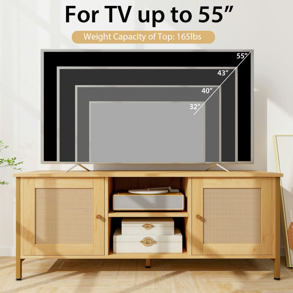 Hommoo Boho TV Stand for TV up to 55 Inches with Faux Rattan Door-Natural, Mid Century Modern TV Stand for Living Room Image 2