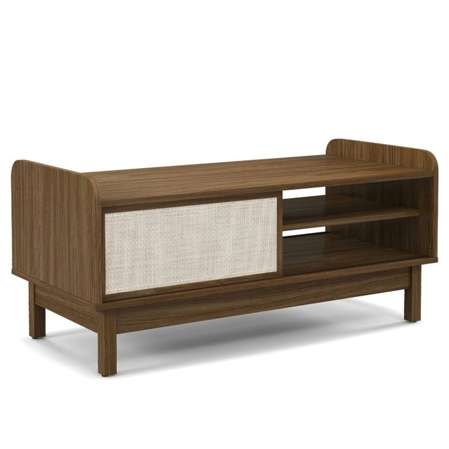 Hommoo Mid-Century Center Table with Storage and Weaving Sliding Door and Adjustable Shelf-Walnut Image 1