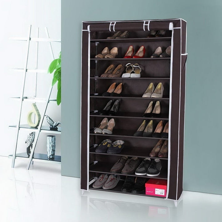 Hommoo Shoe Rack, 10 Tiers Shoe Shelf with Dustproof Cover, Shoe Storage Organizer for Entryway, Dark Brown Image 1