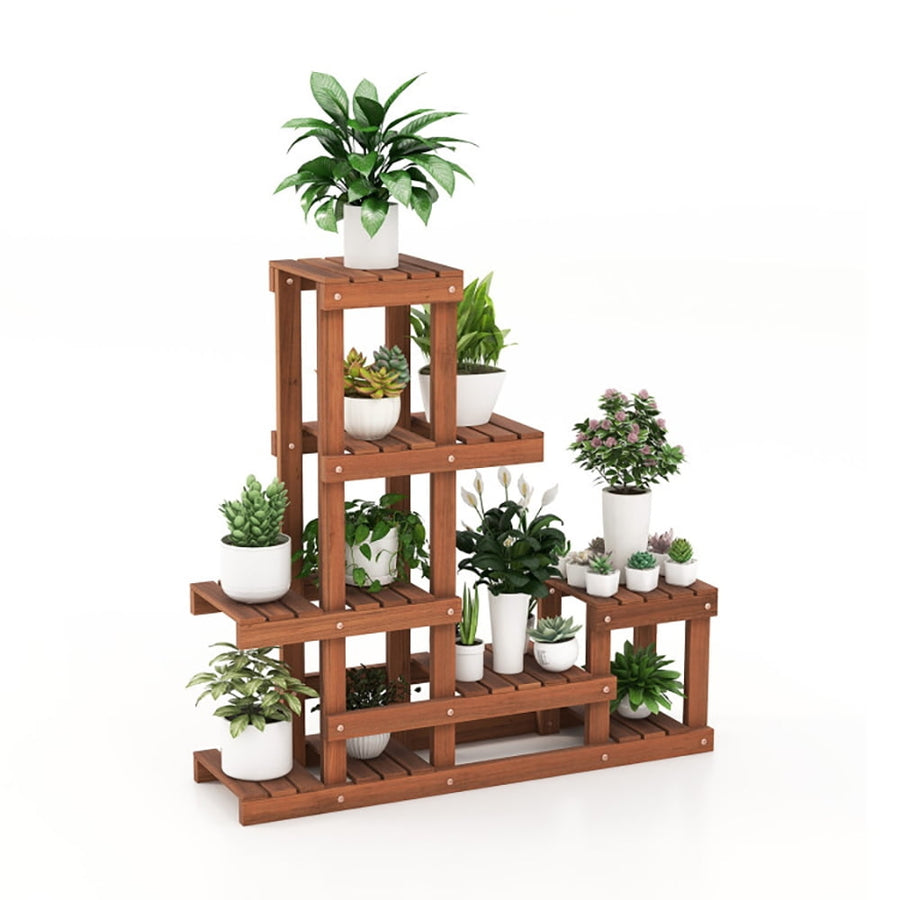 Hommoo Raised Planter Stand, Large Space Flower Rack Shelf,6 Tier Wood Plant Stand with High Low Structure Image 1