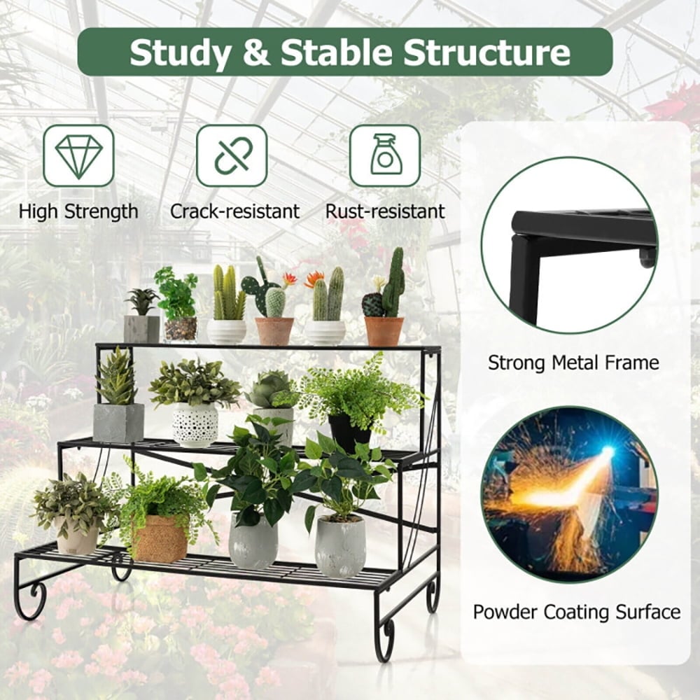 Hommoo Raised Planter Stand, Large Space Flower Rack Shelf,3-Tier Mental Plant Stand with Grid Shelf Image 3