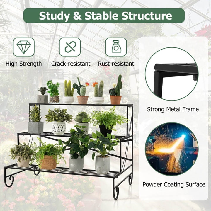 Hommoo Raised Planter Stand, Large Space Flower Rack Shelf,3-Tier Mental Plant Stand with Grid Shelf Image 3