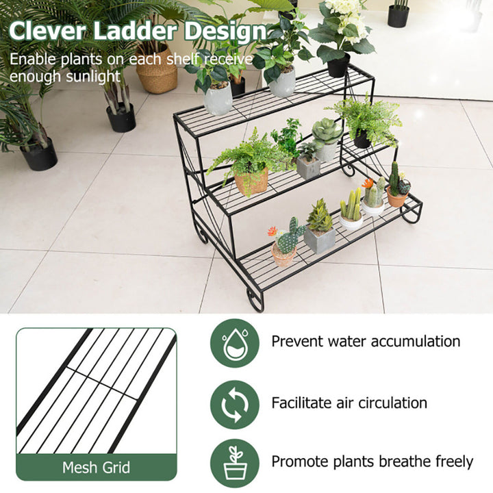 Hommoo Raised Planter Stand, Large Space Flower Rack Shelf,3-Tier Mental Plant Stand with Grid Shelf Image 4