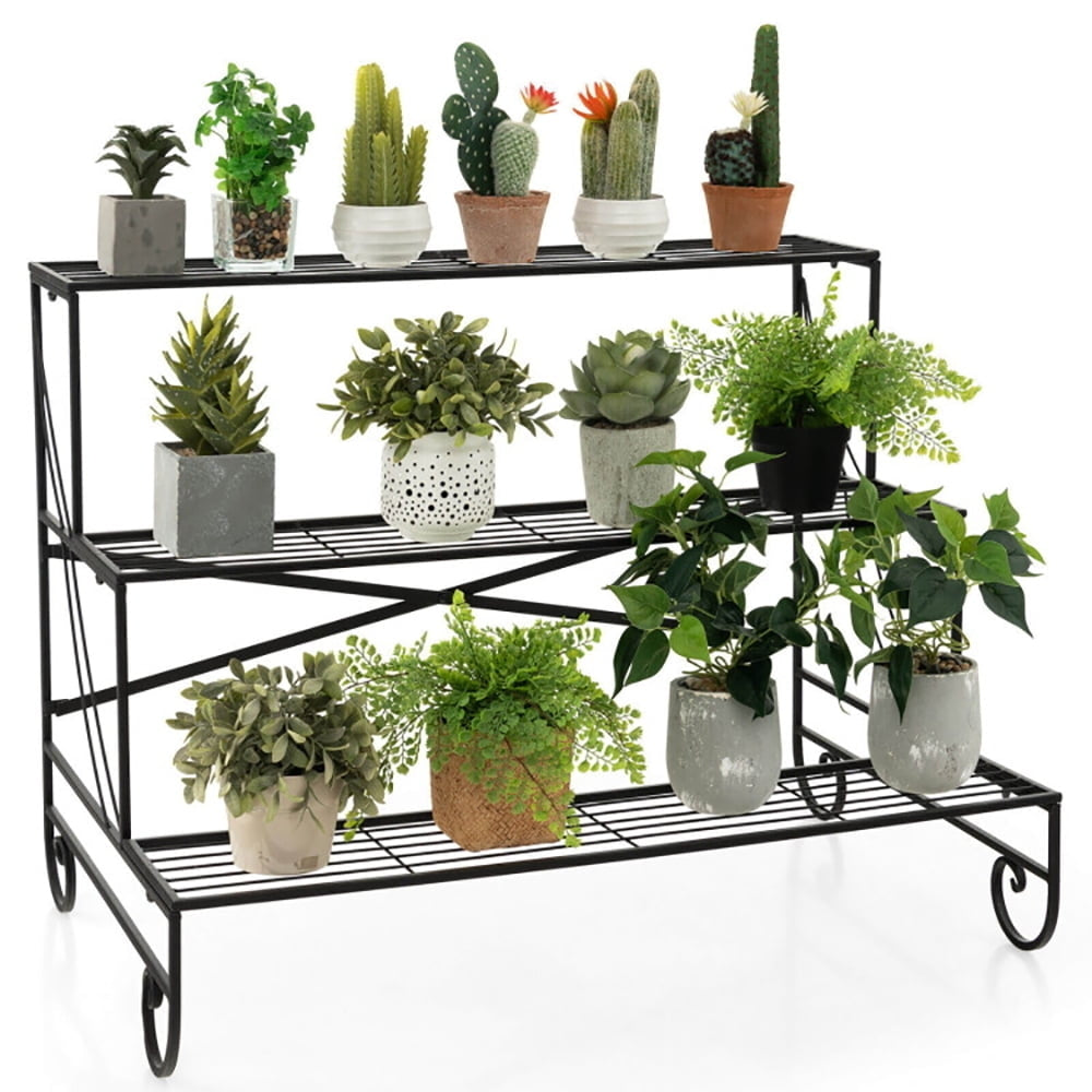 Hommoo Raised Planter Stand, Large Space Flower Rack Shelf,3-Tier Mental Plant Stand with Grid Shelf Image 5