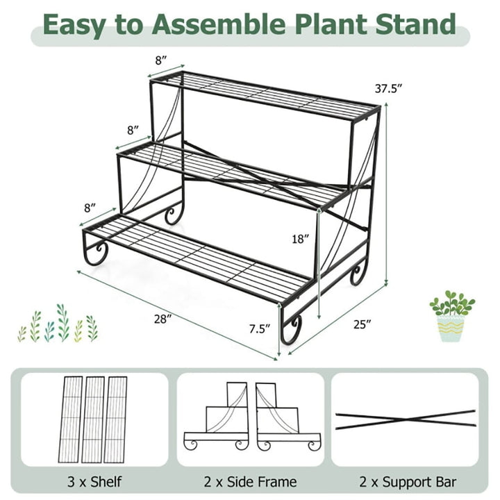 Hommoo Raised Planter Stand, Large Space Flower Rack Shelf,3-Tier Mental Plant Stand with Grid Shelf Image 6