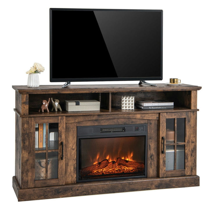 Hommoo Fireplace TV Stand for TVs Up to 65 Inch with Side Cabinets and Remote Control-Brown Image 1