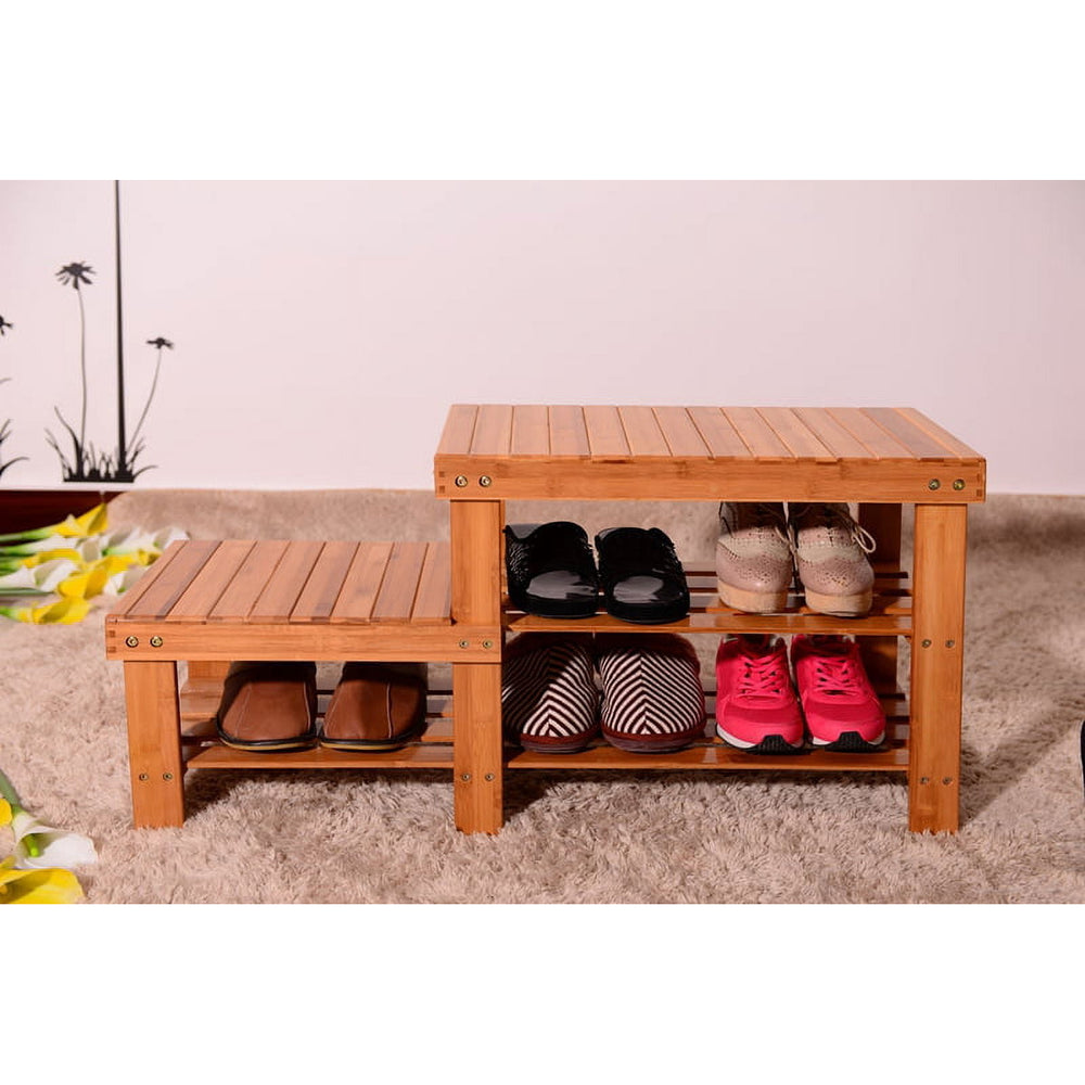 Hommoo Strip Pattern Tiers Bamboo Stool for Entryway, Wooden Shoe Rack for Kids - Wood Color Image 2