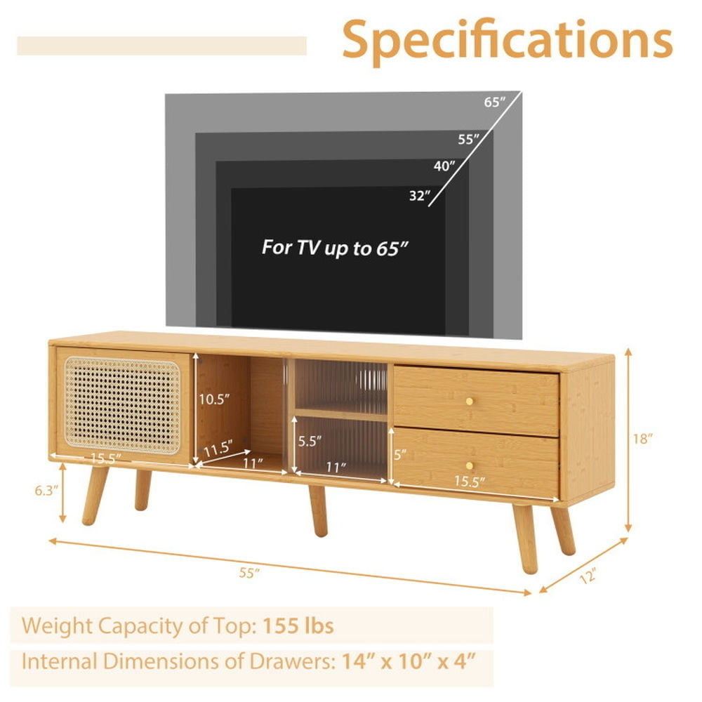 Hommoo Bamboo TV Stand for TV up to 65 Inch-Natural, Mid Century Modern TV Stand for Living Room Bedroom Image 2