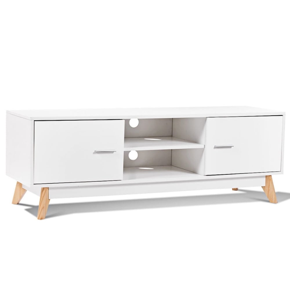 Hommoo Wooden TV Stand with 2 Storage Cabinets and 2 Open Shelves for 60 Inch TV, Functional TV Stand, White Image 3