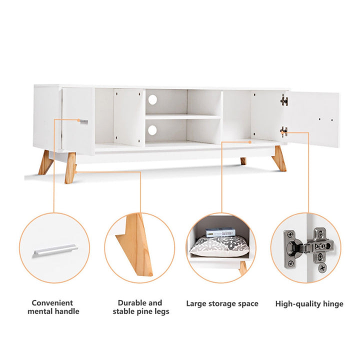 Hommoo Wooden TV Stand with 2 Storage Cabinets and 2 Open Shelves for 60 Inch TV, Functional TV Stand, White Image 5