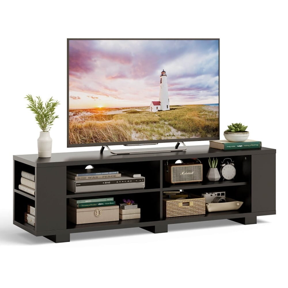 Hommoo 59 Inch Console Storage Entertainment Media Wood TV Stand-Black, Three-Layer TV Stand, Strong Load Bearing, Open Image 2