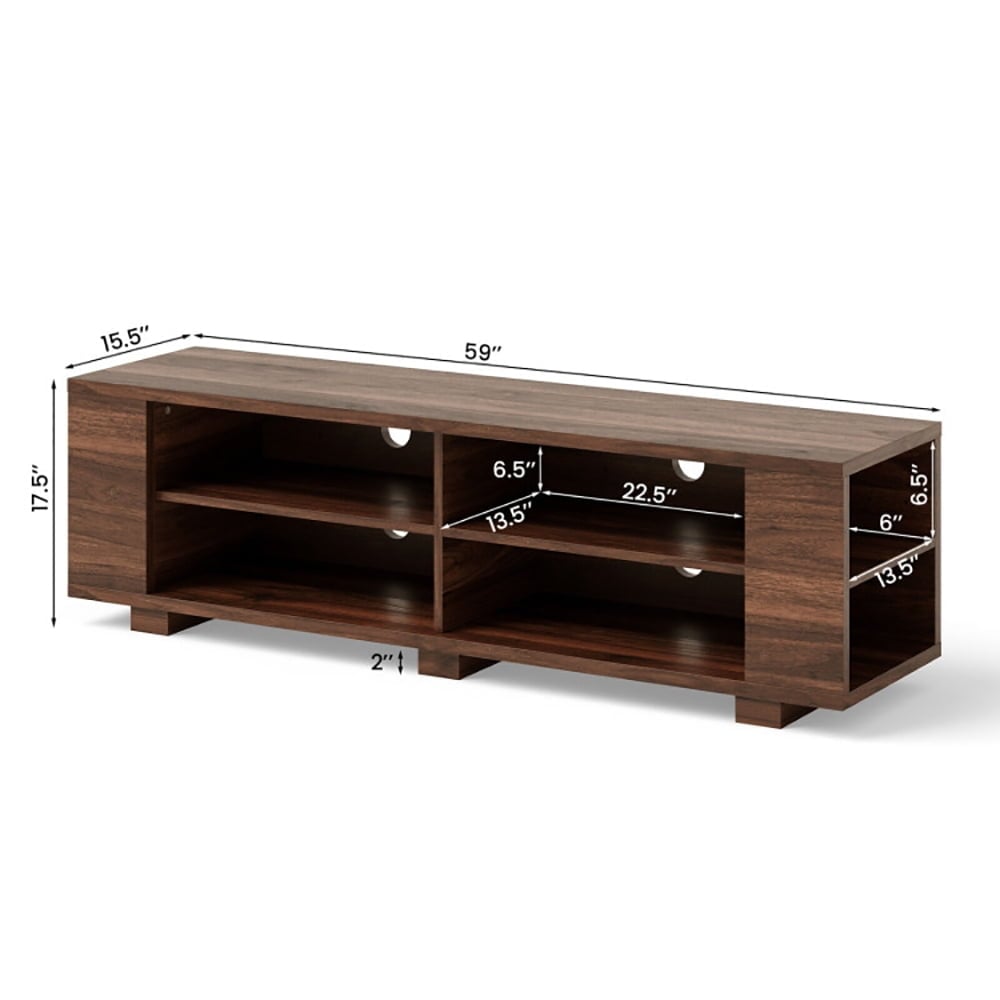 Hommoo 59 Inch Console Storage Entertainment Media Wood TV Stand-Walnut, Spacious TV Console, Strong Load Bearing, Open Image 2