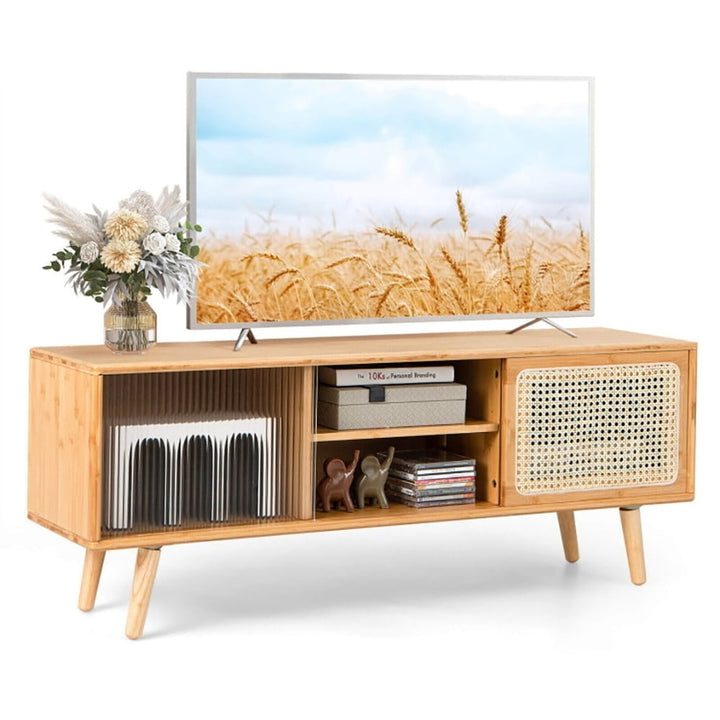 Hommoo Modern TV Stand with Rattan Glass Sliding Doors-Natural, Mid Century Modern TV Stand for Living Room Bedroom Image 3