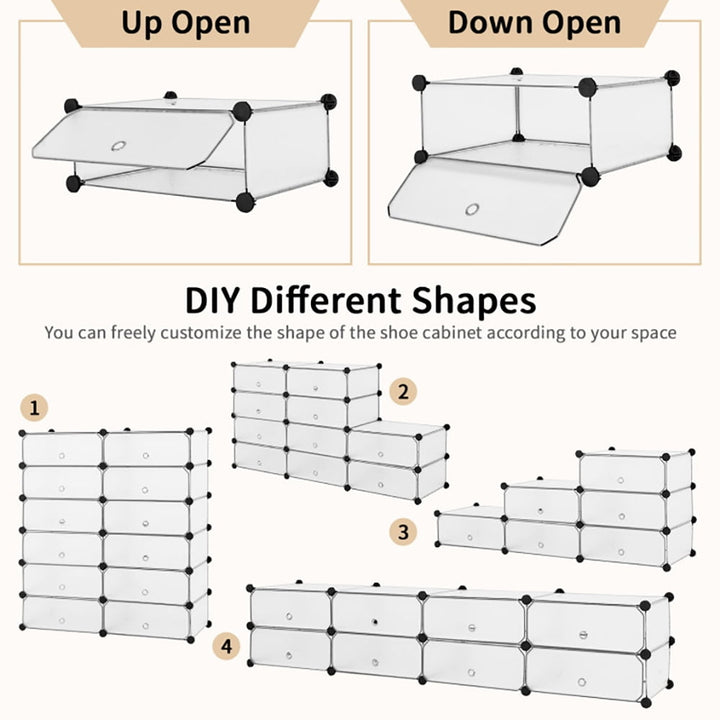 Hommoo 12-Cube DIY Portable Plastic Shoe Rack with Transparent Doors-White, Space-Saving Shoe Rack Organizer for Closet Image 2