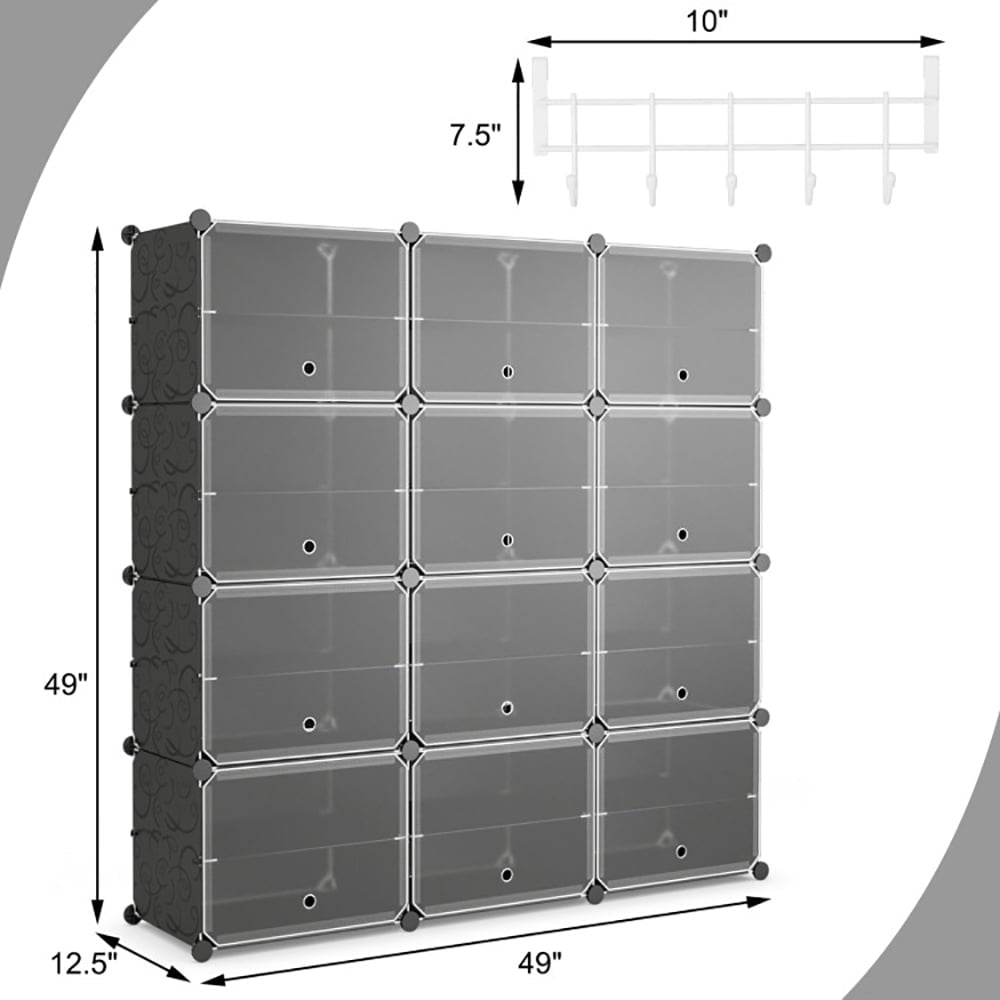 Hommoo 12-Cube 48 Pairs Portable Shoe Shelves with Hook-Black, Space-Saving Shoe Rack Organizer for Closet Entryway Image 3