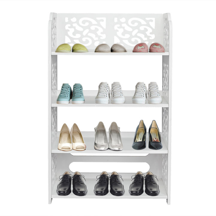 Hommoo 4 Tiers Wood-plastic Board Carved Shoe Rack, Shoe Organizer for Entryway - White A Image 1