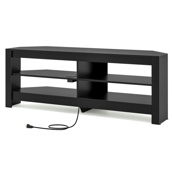 Hommoo Corner TV Stand with Power Outlet and 4 Open Storage Shelves-Black, Mid Century Modern TV Stand for Living Room Image 1