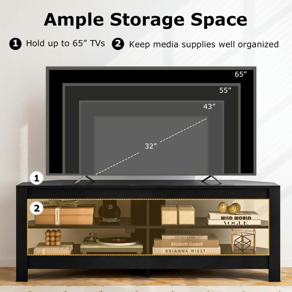 Hommoo Corner TV Stand with Power Outlet and 4 Open Storage Shelves-Black, Mid Century Modern TV Stand for Living Room Image 2