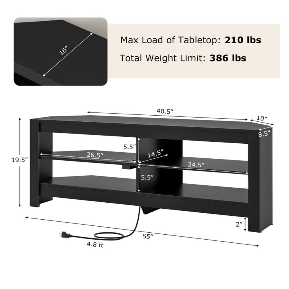 Hommoo Corner TV Stand with Power Outlet and 4 Open Storage Shelves-Black, Mid Century Modern TV Stand for Living Room Image 4