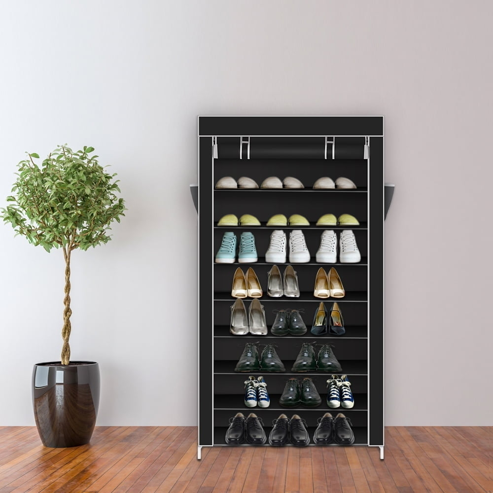 Hommoo 10 Tiers Shoe Rack with Dustproof Cover, Closet Shoes Storage Cabinet Organizer - Black Image 1