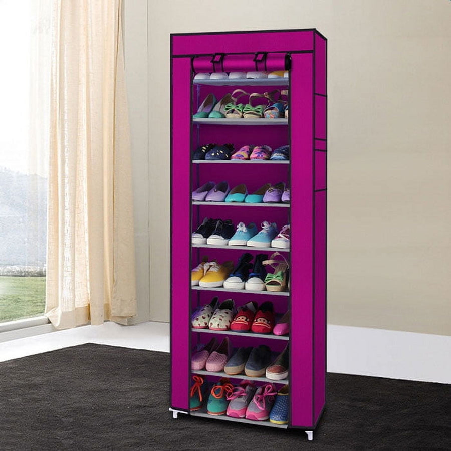 Hommoo 10 Tiers Shoe Rack with Dustproof Cover Closet, Shoe Storage Cabinet Organizer, Rose Red Image 1