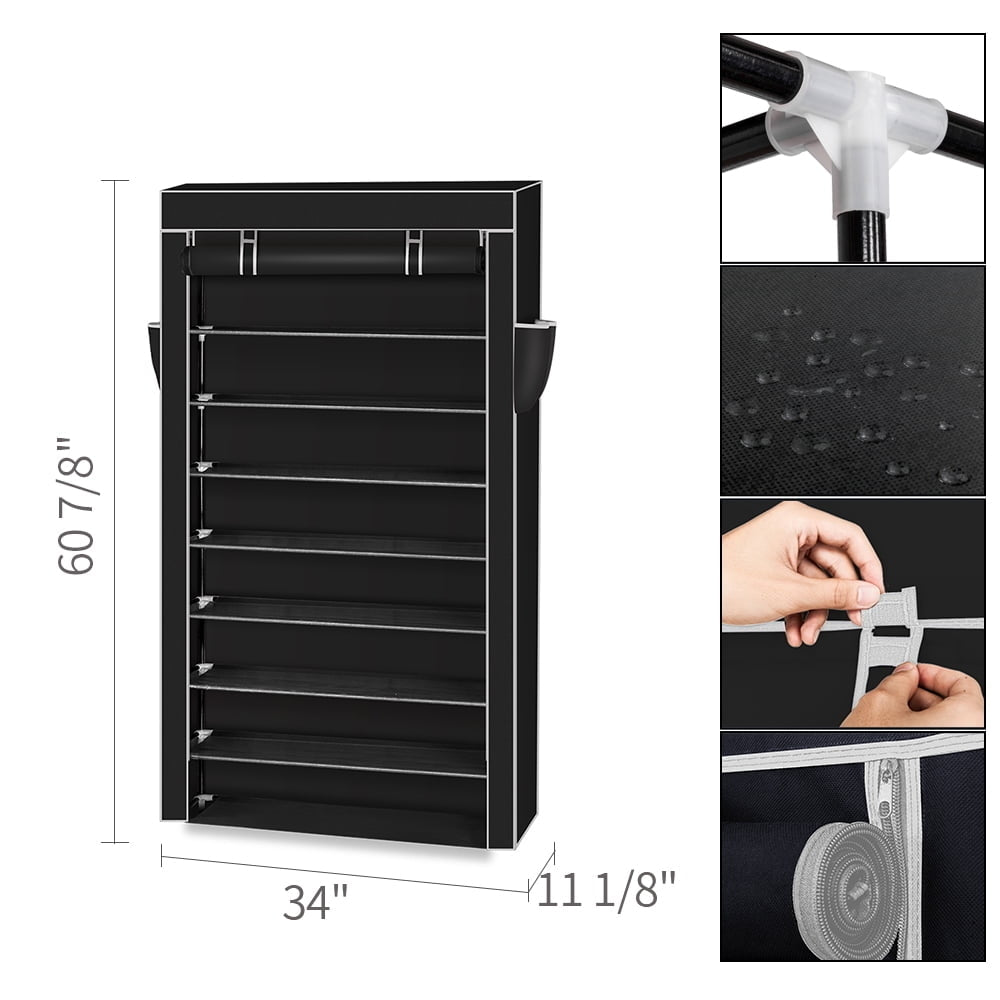 Hommoo 10 Tiers Shoe Rack Closet Shoe Storage Cabinet Organizer with Dustproof Cover, Black Image 4