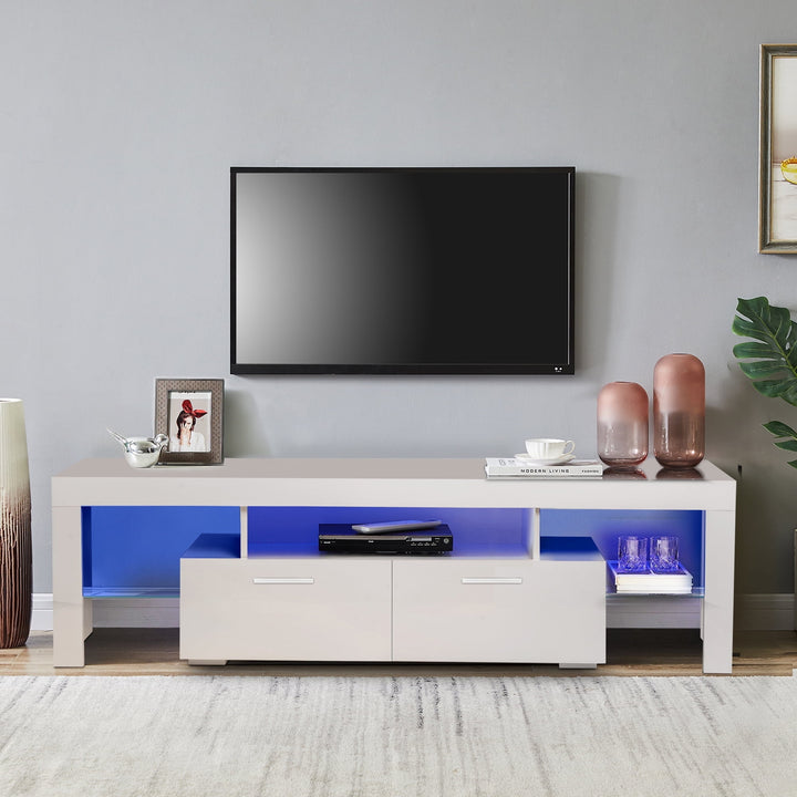 Hommoo White High Gloss TV Stand Cabinet with Open Storage and 2 Cabinet Image 1