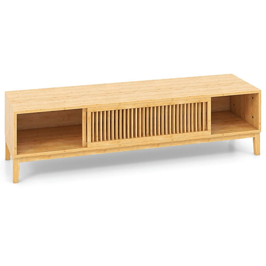 Hommoo Television Console Table,Bamboo TV Stand for TVs up to 65 Inches with Sliding Slatted Doors-Natural Image 1