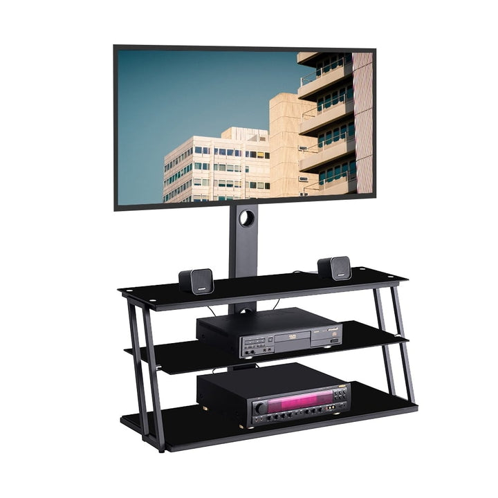 Hommoo Multi-Function Angle and Height Adjustable Tempered Glass TV Stand with 3 Tier - Black Image 1